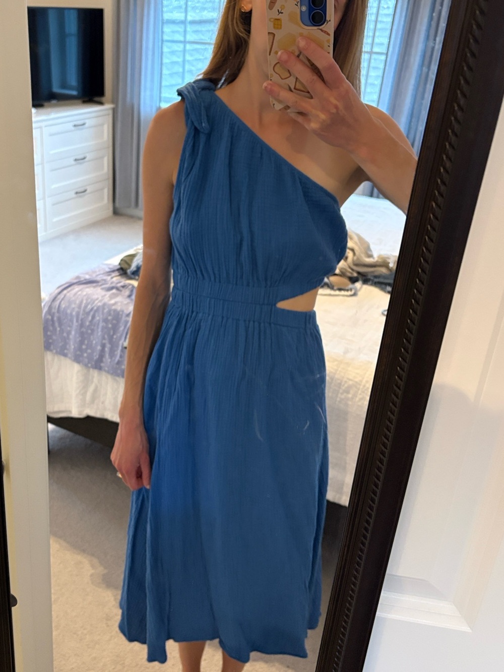 Cotton One-Shoulder Royal Blue Cutout Midi Dress